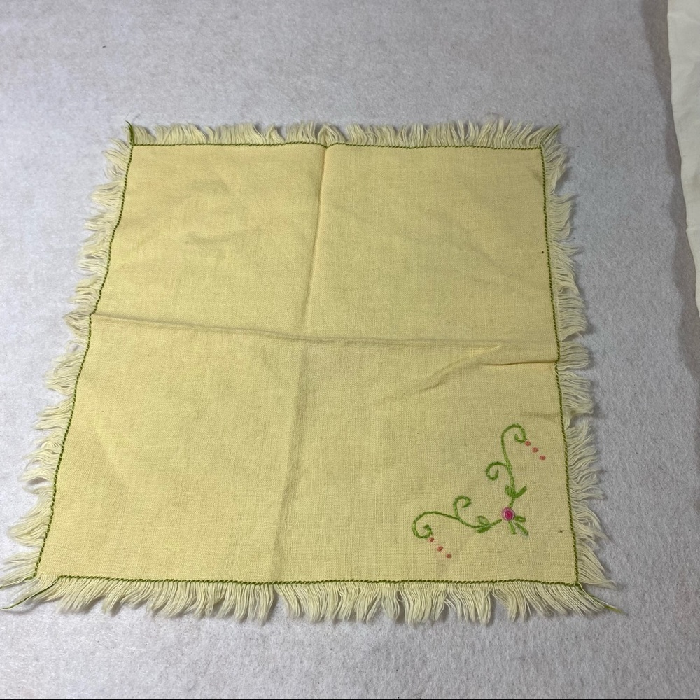 Vintage Embroidered Frayed Floral Napkin Handkerchief Doilies Vintage Yellow